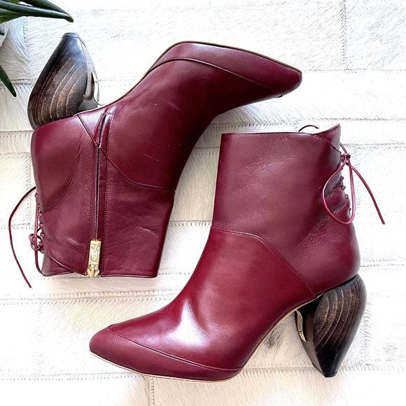 Rare Maiyet Burgundy Leather Sculptural Heel Ankle Boots - Picture 3 of 10